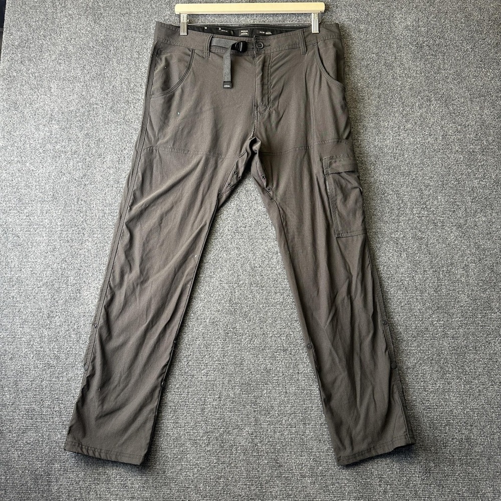 PrAna Cargo Pants Mens 34x30 Gray Slim Fit Stretch Belted Hiking Outdoor Travel